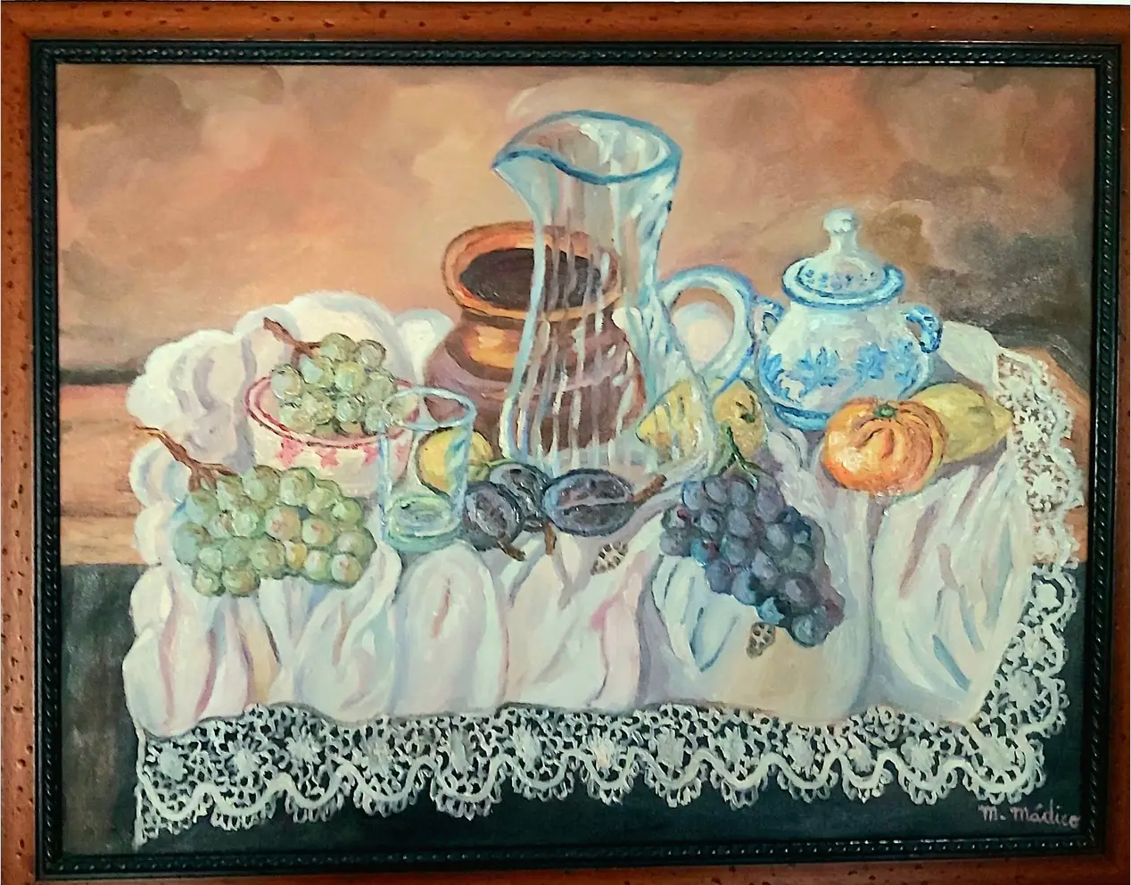 Bodegón con Frutas ,Jarra de Cristal y Ceramica