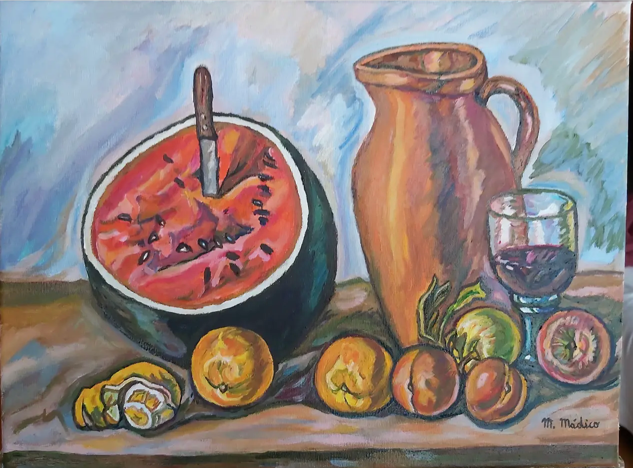 Bodegon con frutas ,jarra y copa de vino