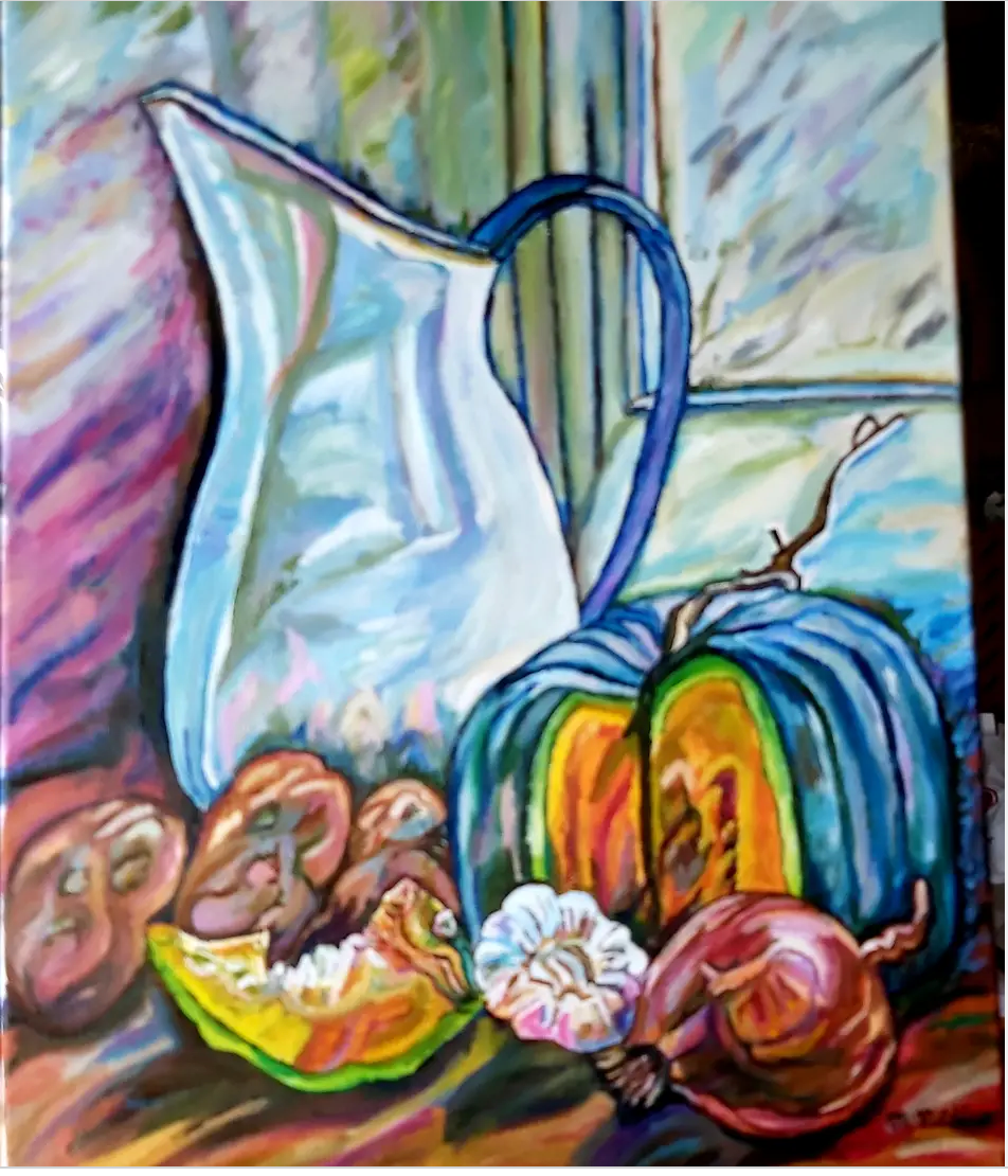 Bodegon jarron con hortalizas
