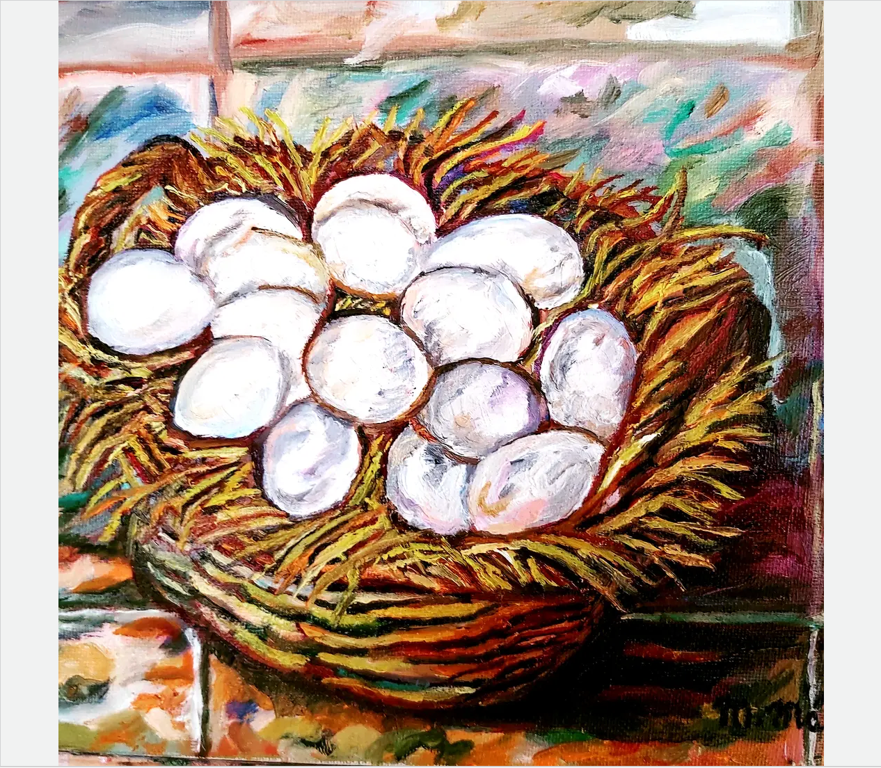 Bodegon cesta con huevos