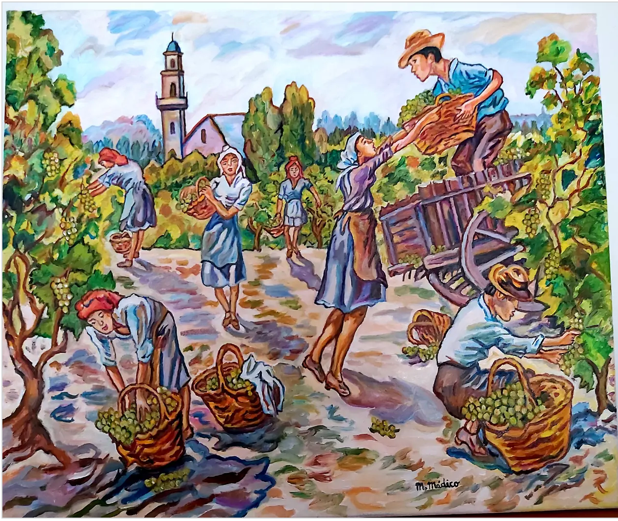 Paisaje viña -Vendimiadores vendimiando
